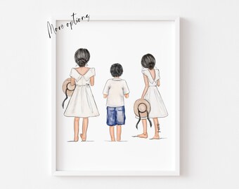 Art print :  Brother and Sister beach hats illustration, Mothers Day gift idea (Personalise from Hair, skin options)