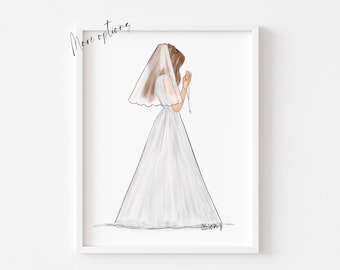 Art print : Girl with Rosary beads making First Holy Communion , Size 5 x 7 inch (Personalise by adding a Name, choose Hair & skin option)