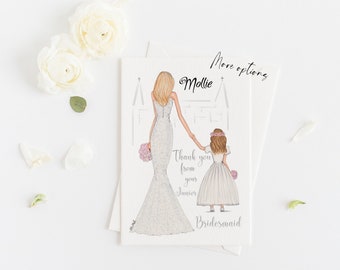 Greeting card - Thank you card to Bride from Flower girl or Junior bridesmaid (Personalise by adding a Name, choosing Hair & skin option)