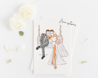 Greeting card - Wedding card for Newlyweds,  Love seat  (Personalise by adding Names, choosing Hair & skin option)