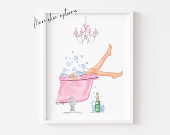 Art print : Pink Champagne bath watercolour illustration, Whimsical home interior decor, Girly wall art