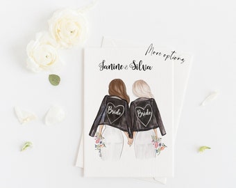 Greeting card - Wedding card for Gay Female couple, Watercolor sketch of Two Brides in biker jackets