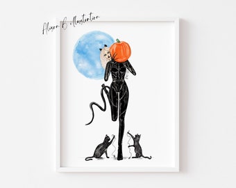 Art print : Cat Girl costume watercolor sketch, Halloween themed fashion illustration print