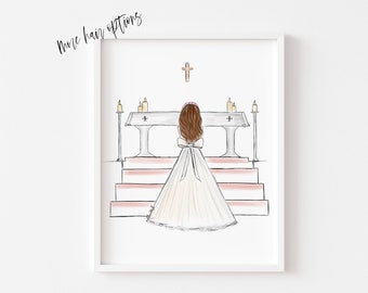 Art print : Girl at Altar making First Holy Communion, Size 8 x 10 inch (Personalise by adding a Name, choosing Hair option)