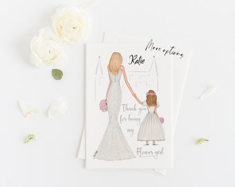 Greeting card - Personalized Thank you for being my Flower girl card, Add a Name and choose from hair & skin options