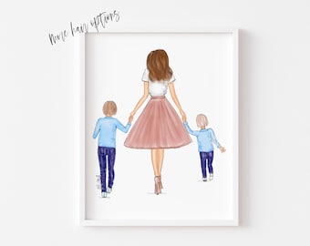 Art print : Mother & Sons sketch, Mom and Boys wall art, Gift for Mothers day, Boys Nursery room decor