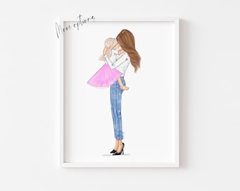 Art print :  Mother & daughter denim and Tulle illustration, Mothers day gift (Personalise from Hair, skin options)