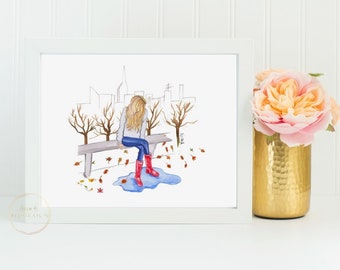 Fall Scene Painting Autumn Modern Wall Decor Watercolor Sketch Of Girl Wellies Rain Boots Fashion Drawing Thanksgiving Gift For Mom