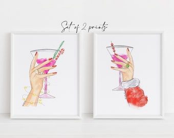 Art print : Set of 2 Christmas Cocktail wall art,  Bar cart home decor (Personalise by choosing a skin option)