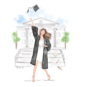 Stampa artistica: acquerello di una ragazza laureata, regalo di laurea universitaria (personalizzabile aggiungendo un nome e scegliendo l'opzione Capelli e pelle)