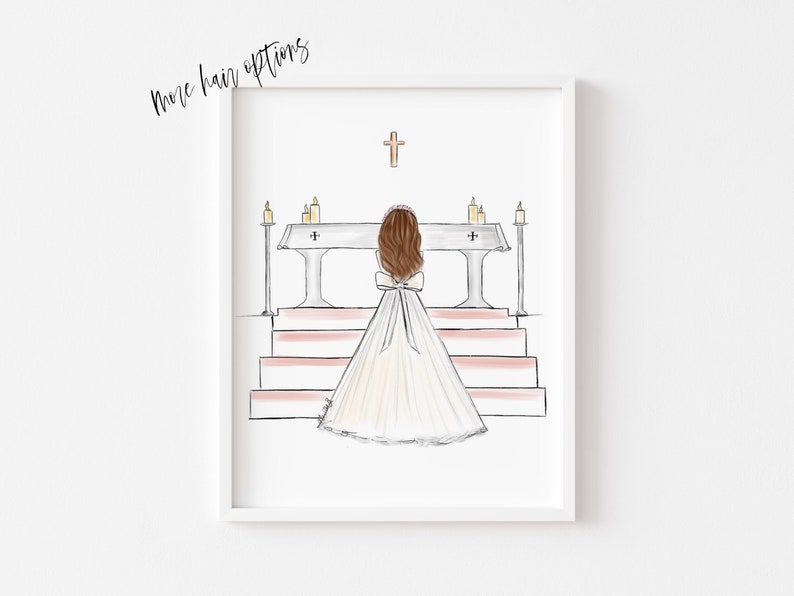 Art print : Girl at Altar making First Holy Communion, Size 8 x 10 inch Personalise by adding a Name, choosing Hair option image 1