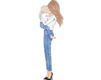 Art print : Mother and Son wall art blue denim, Personalised