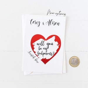 Greeting scratch & reveal card Will you be my Godparent, Godmother or Godfather Christian card Personalise with a First Name Red heart