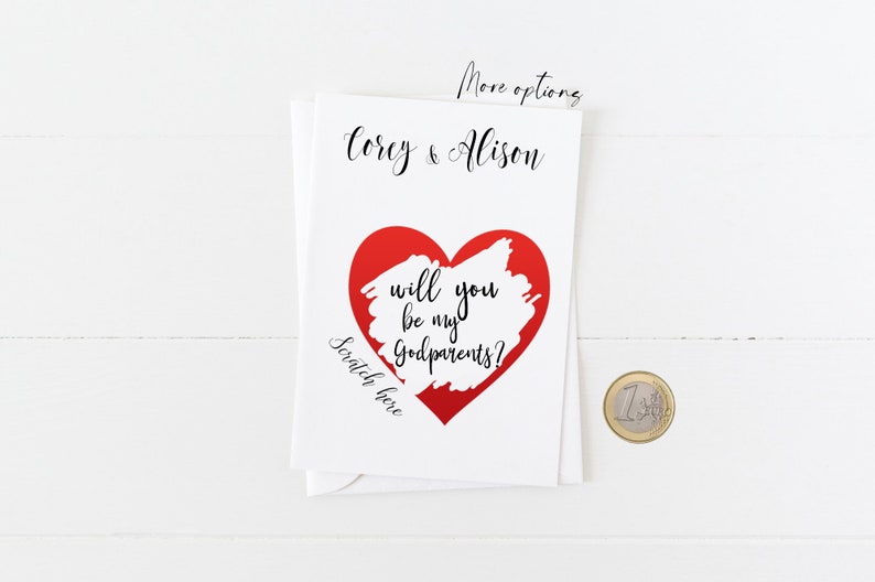 Greeting scratch & reveal card Will you be my Godparent, Godmother or Godfather Christian card Personalise with a First Name Red heart