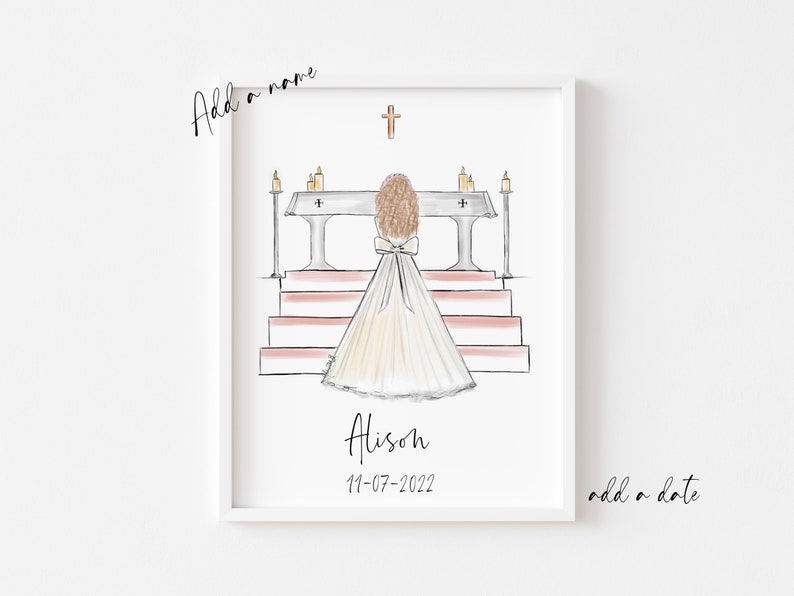 Art print : Girl at Altar making First Holy Communion, Size 8 x 10 inch Personalise by adding a Name, choosing Hair option image 6