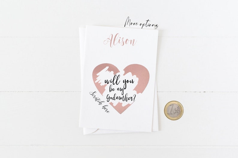 Greeting scratch & reveal card Will you be my Godparent, Godmother or Godfather Christian card Personalise with a First Name Rose gold heart