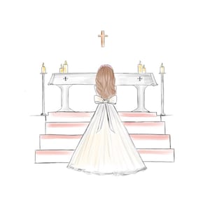 Art print : Personalised First Holy Communion Girl at Altar illustration