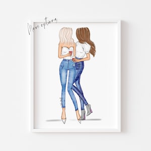 Art print : Friends with Wine sketch, Bar cart or Kitchen art (Personalise by choosing Hair & skin option)