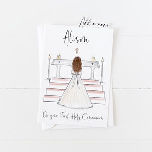 Greeting card: Girl at Altar making First Holy Communion Personalise by adding a Name, choosing Hair option zdjęcie 7