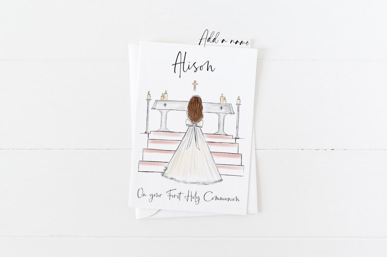 Greeting card: Girl at Altar making First Holy Communion Personalise by adding a Name, choosing Hair option zdjęcie 7