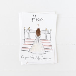 Greeting card: Girl at Altar making First Holy Communion (Personalise by adding a Name, choosing Hair option)