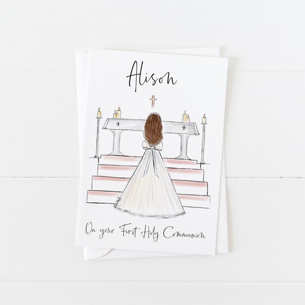 Greeting card: Girl at Altar making First Holy Communion (Personalise by adding a Name, choosing Hair option)