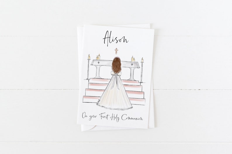 Greeting card: Girl at Altar making First Holy Communion Personalise by adding a Name, choosing Hair option zdjęcie 1