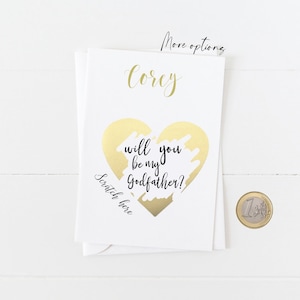 Greeting scratch & reveal card Will you be my Godparent, Godmother or Godfather Christian card Personalise with a First Name Gold heart
