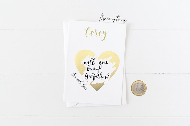 Greeting scratch & reveal card Will you be my Godparent, Godmother or Godfather Christian card Personalise with a First Name Gold heart