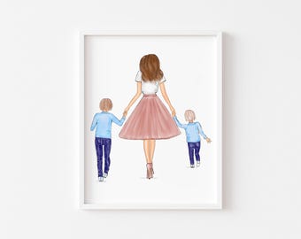 Art print : Personalised Mother and two or three Boys sketch