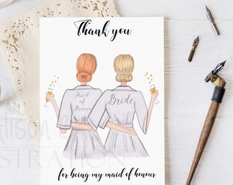 Thank you card for Bridesmaid, maid of honour, personalised with name and skin colour, bridal party robes sketch, semi custom, hand made
