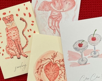 Grußkarten: Set mit 4 Karten zum Thema Liebe, Cherub, Leopard, Herz, Cherry Martini