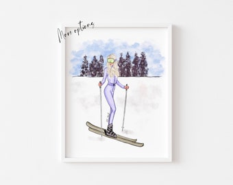 Art print : Winter ski art print, skiing fashion illustration sketch ( Personalise from Hair & skin options)