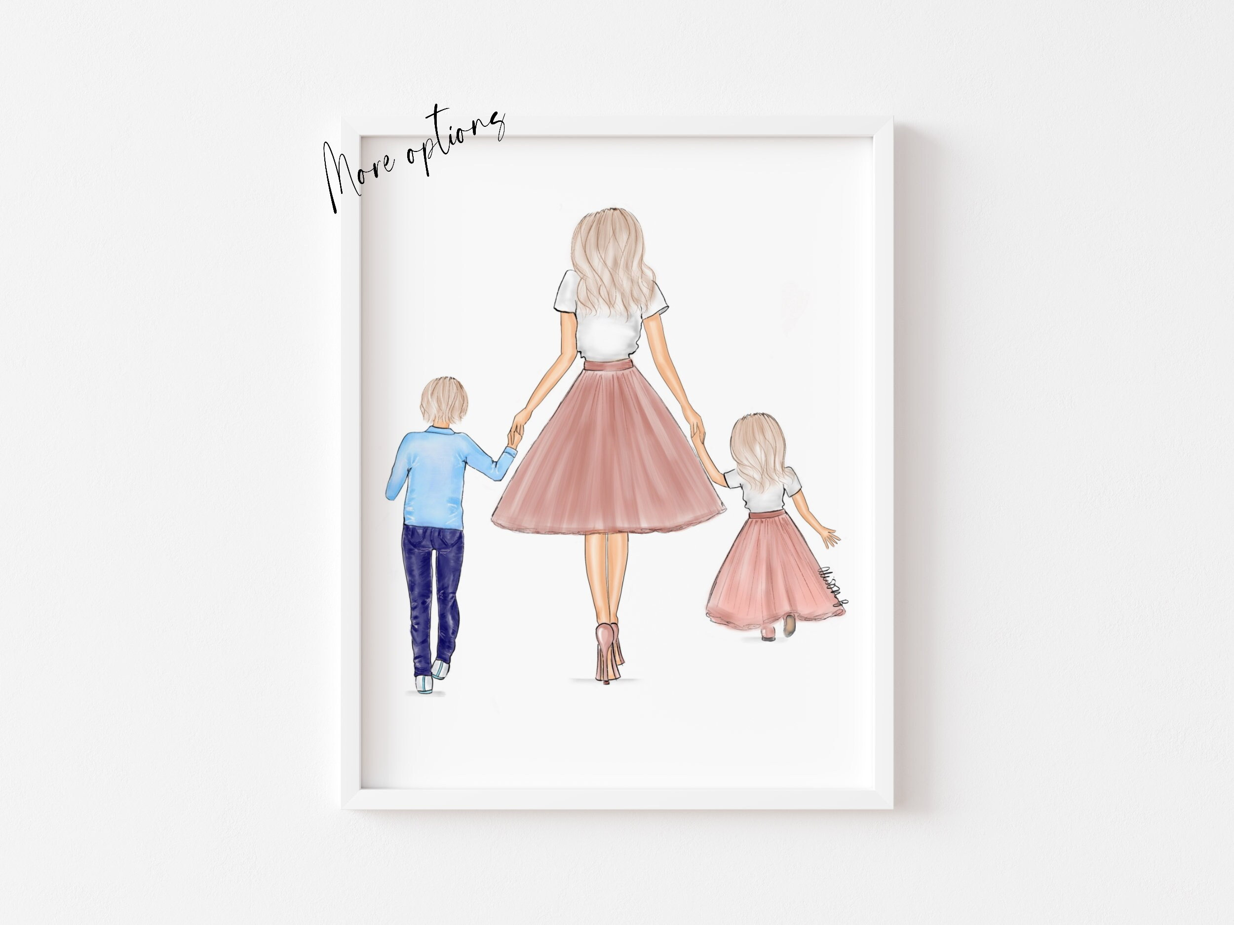 Art print : Mother with Boy & Girl pink tulle illustration, Mothers day gift  (Personalise from Hair, skin options)