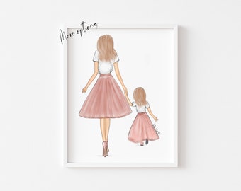 Art print : Mother & daughter pink tulle illustration, Aunt and Niece wall art  (Personalise from Hair, skin options)