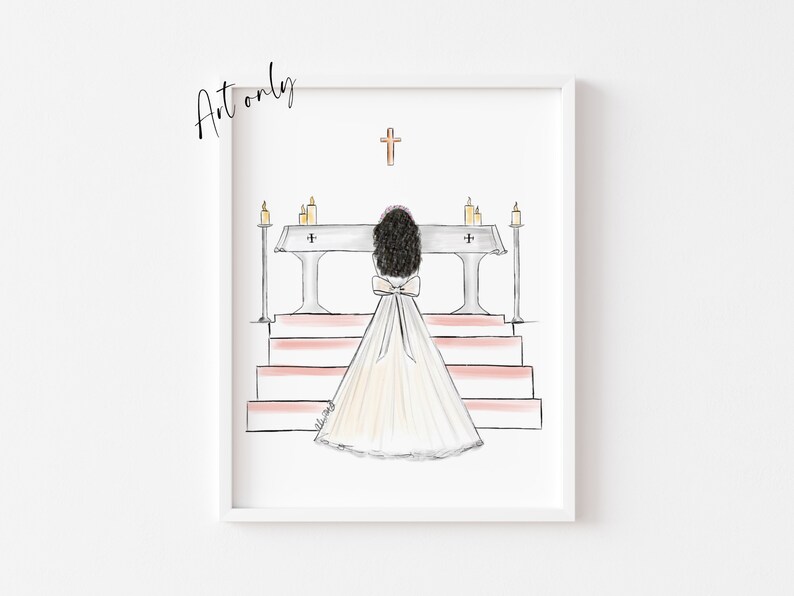 Art print : Girl at Altar making First Holy Communion, Size 8 x 10 inch Personalise by adding a Name, choosing Hair option 8 x 10 (Art only)