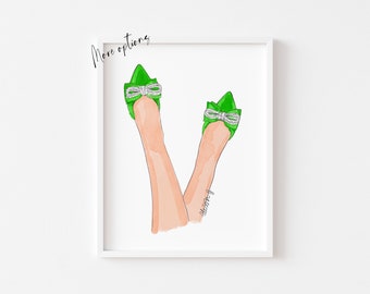 Art Print : Bow shoes Fashion illustration, Choose Green, Red, Pink or Blue color, Gift for New apartment or Home