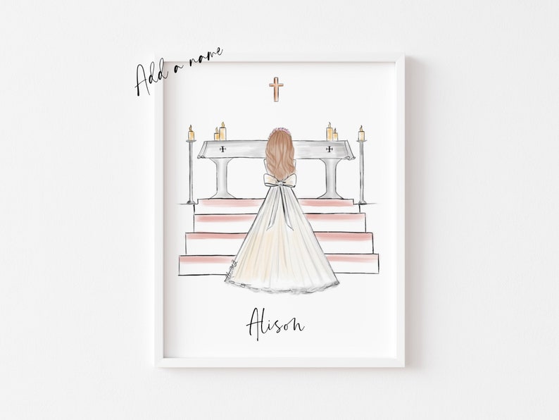 Art print : Girl at Altar making First Holy Communion, Size 8 x 10 inch Personalise by adding a Name, choosing Hair option image 2