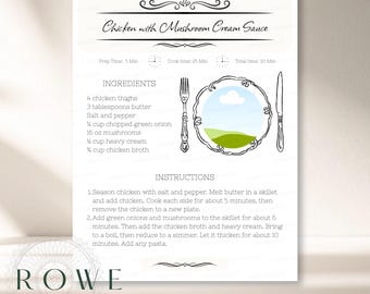 May include: A recipe card titled Chicken with Mushroom Cream Sauce featuring a list of ingredients including 4 chicken thighs, 3 tablespoons butter, 16 oz mushrooms, and instructions. It includes a graphic of a fork, a plate, and a knife.