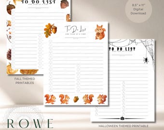 May include: Three digital to-do list templates measuring 8.5 by 11 inches. One features autumn leaves and acorns, another displays squirrels and acorns, and the third shows a spider web and a pumpkin. Each page includes the text To Do List.