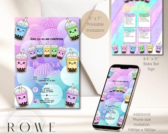 Kids Boba Birthday Party Invitation Bundle | Digital Download Editable Canva Template | Customizable Boba Bar Sign | Guess the Flavor Game