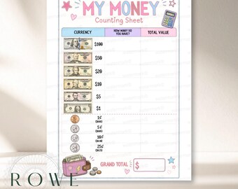 Money Counting Worksheet For Kids | Printable Digital Download Cash Coin Value Total US Bills | Childrens Chart Activity | Organization Tool