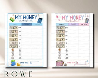 May include: Two printable My Money Counting Sheets featuring columns for currency, quantity, and total value. The sheets include illustrations of US dollar bills, coins, a calculator, and a wallet, with a designated space for the grand total.