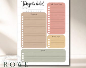 May include: A daily planner sheet titled Todays to do list with a date line and days of the week. It features four colored sections: a large tan Cleaning box, a pink Self Care & Fun box, a yellow Places to go box, and a green Notes box.