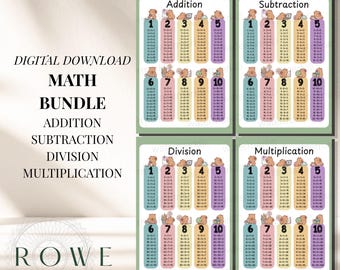 May include: A digital math bundle featuring four educational charts for addition, subtraction, division, and multiplication. Each chart displays numbers one through ten in colorful vertical columns with cartoon capybara illustrations.