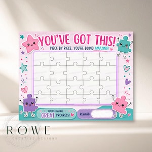 Puede incluir: Una tabla de recompensas rectangular con fondo rosa claro que presenta una cuadrícula central de 24 piezas de rompecabezas en blanco. El texto dice YOU'VE GOT THIS! PIECE BY PIECE, YOU'RE DOING AMAZING! YOU'RE MAKING GREAT PROGRESS! y REWARD. Incluye piezas de rompecabezas y estrellas.