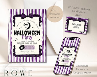 Halloween Party Invitation Bundle | Digital Download Editable Canva Template | 5 x 7 | Dark Purple and Black | Customizable Tent Food Labels