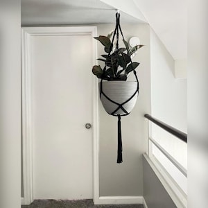 Puede incluir: Un macetero de macramé negro con una maceta de cerámica blanca y una planta verde colgando del techo.