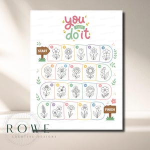May include: A printable activity sheet featuring a flower-themed board game with the text 'you can do it'. The game path includes twenty numbered boxes, each containing a unique black and white line drawing of a flower, starting at 'START' and ending at 'FINISH'.