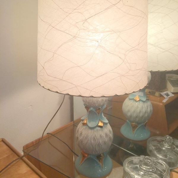 VTG 1950's Turquoise and White with Gold Accents Table Lamp with Original White Fiberglass Shade With Gold Detailing on the Shade